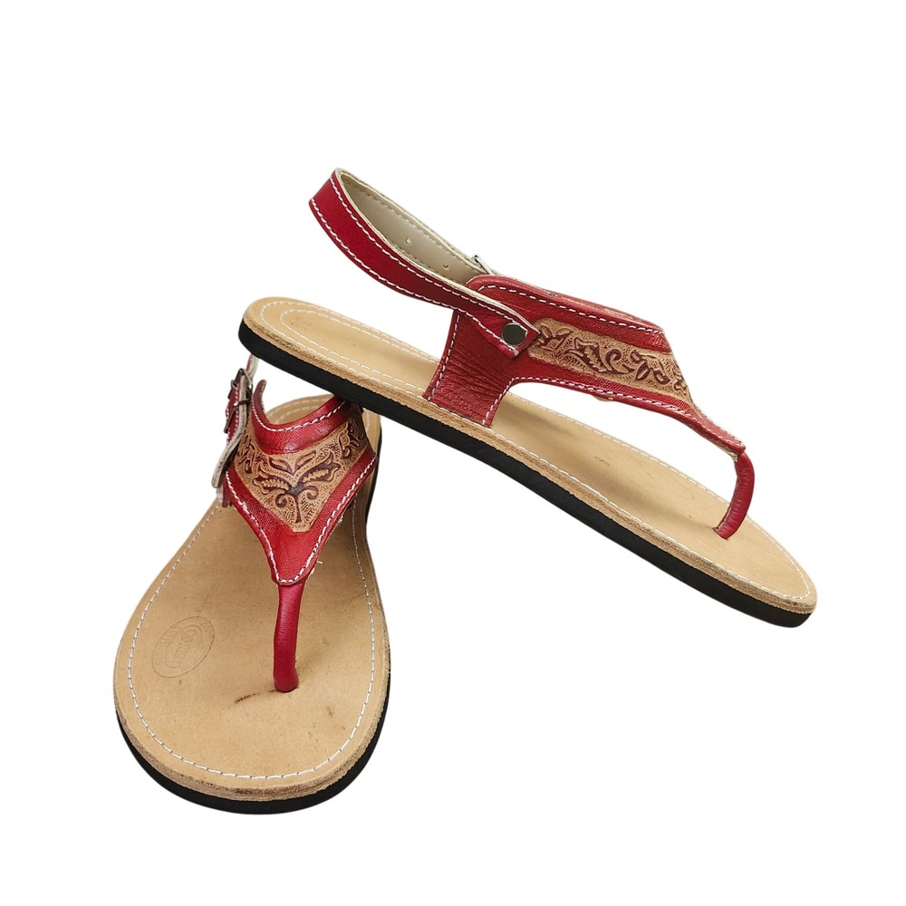 Sandalias Jerico Red Tooled Leather T-Strap Slingback Sandals Womens 38 8 Mexico